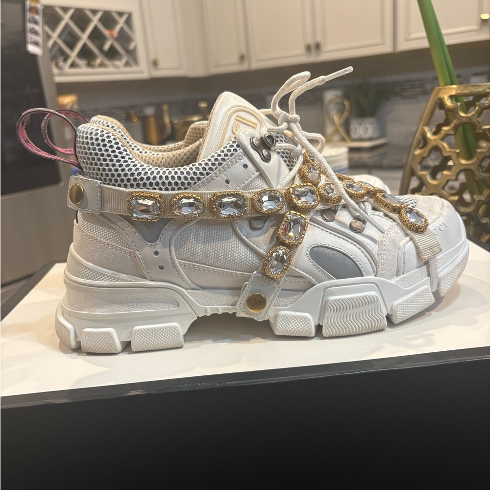 Gucci Women's Cream Sneakers with Gold and Silver Accents - Picture 3 of 8